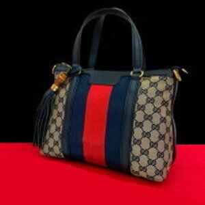 GUCCI Sherry GG logo leather handbag tassel Boston bag Navy Blue